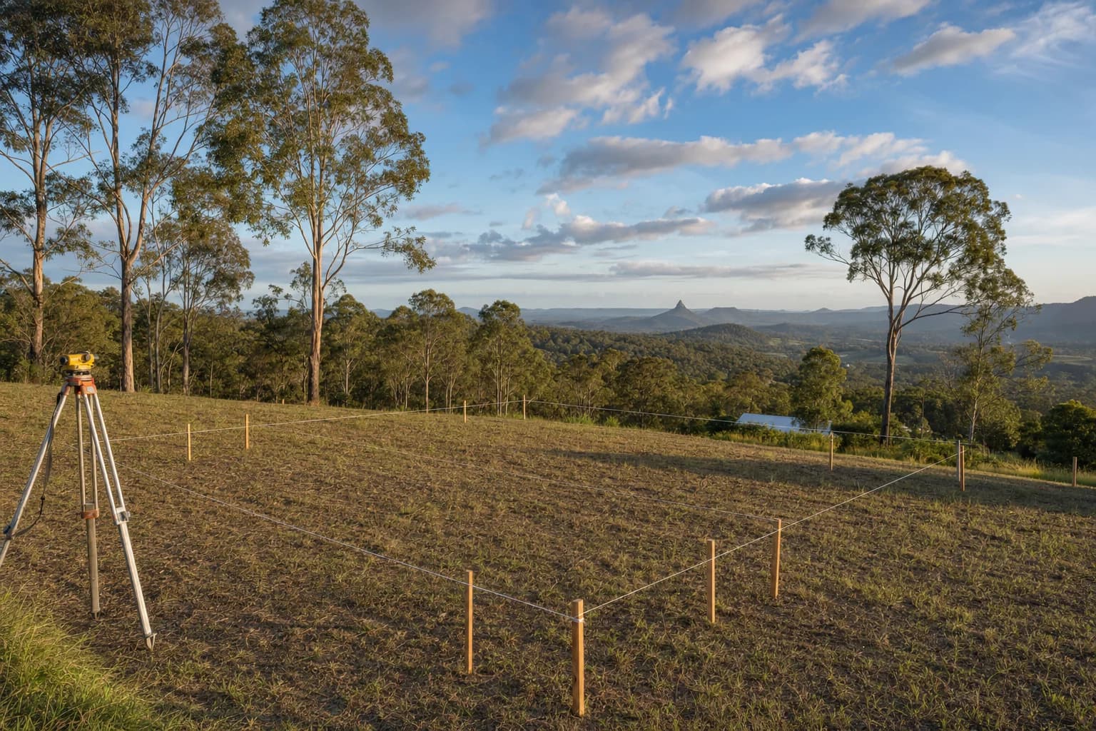 Survey pegs and a level set out across an empty grassy block