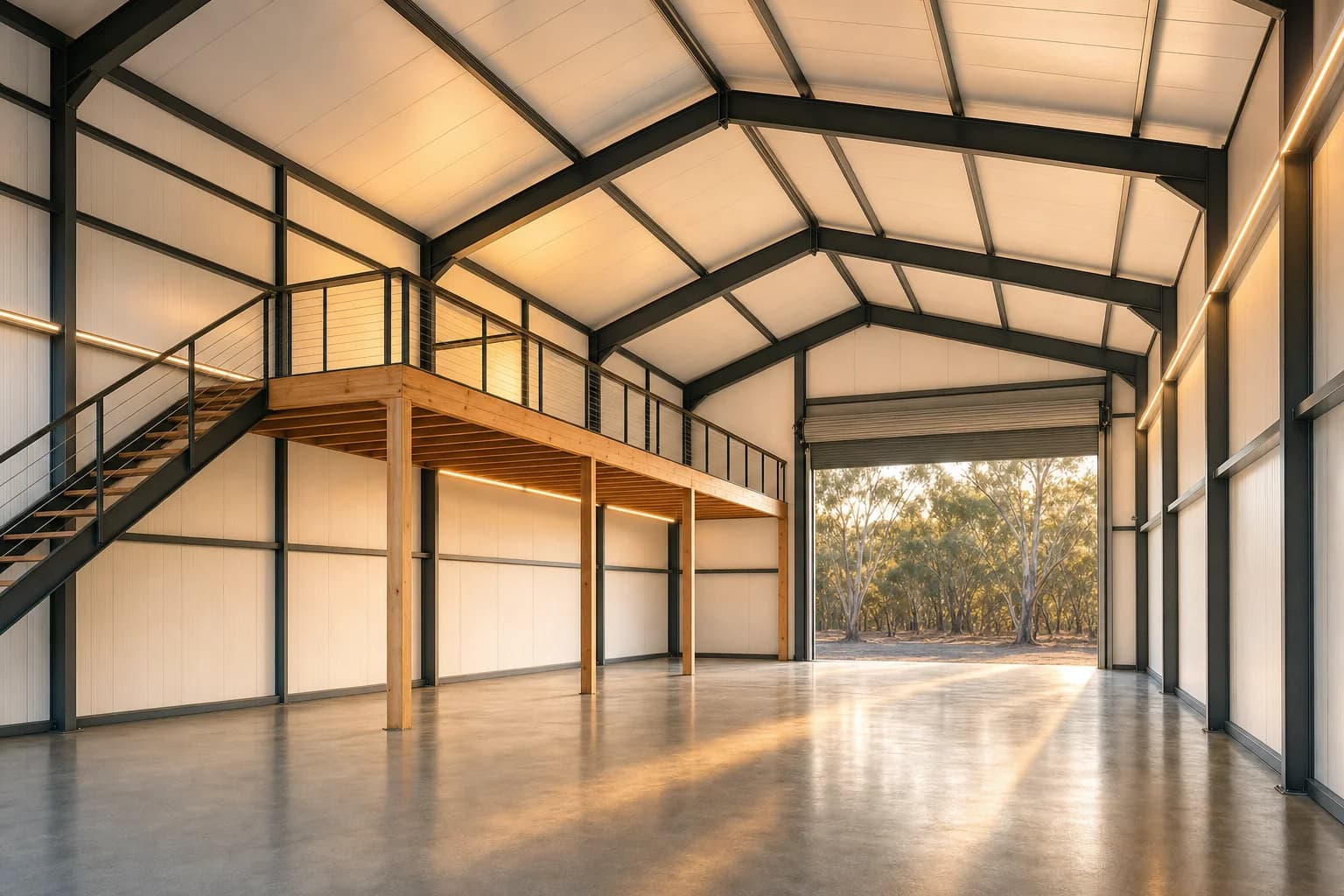 Lined and insulated shed interior with a timber mezzanine, steel stair and polished concrete floor