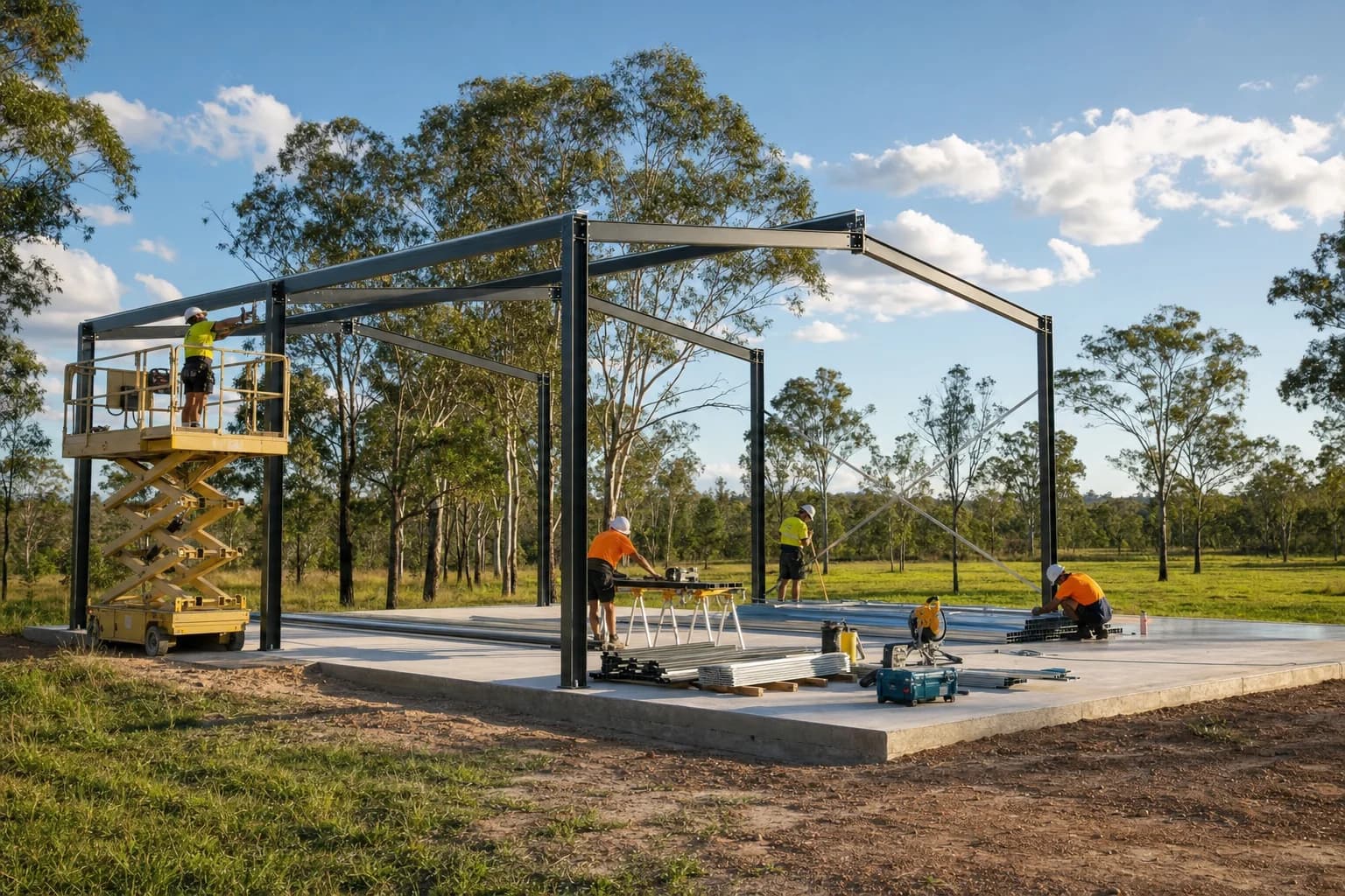 Steel shed frame going up on a new slab, with a crew working from a lift