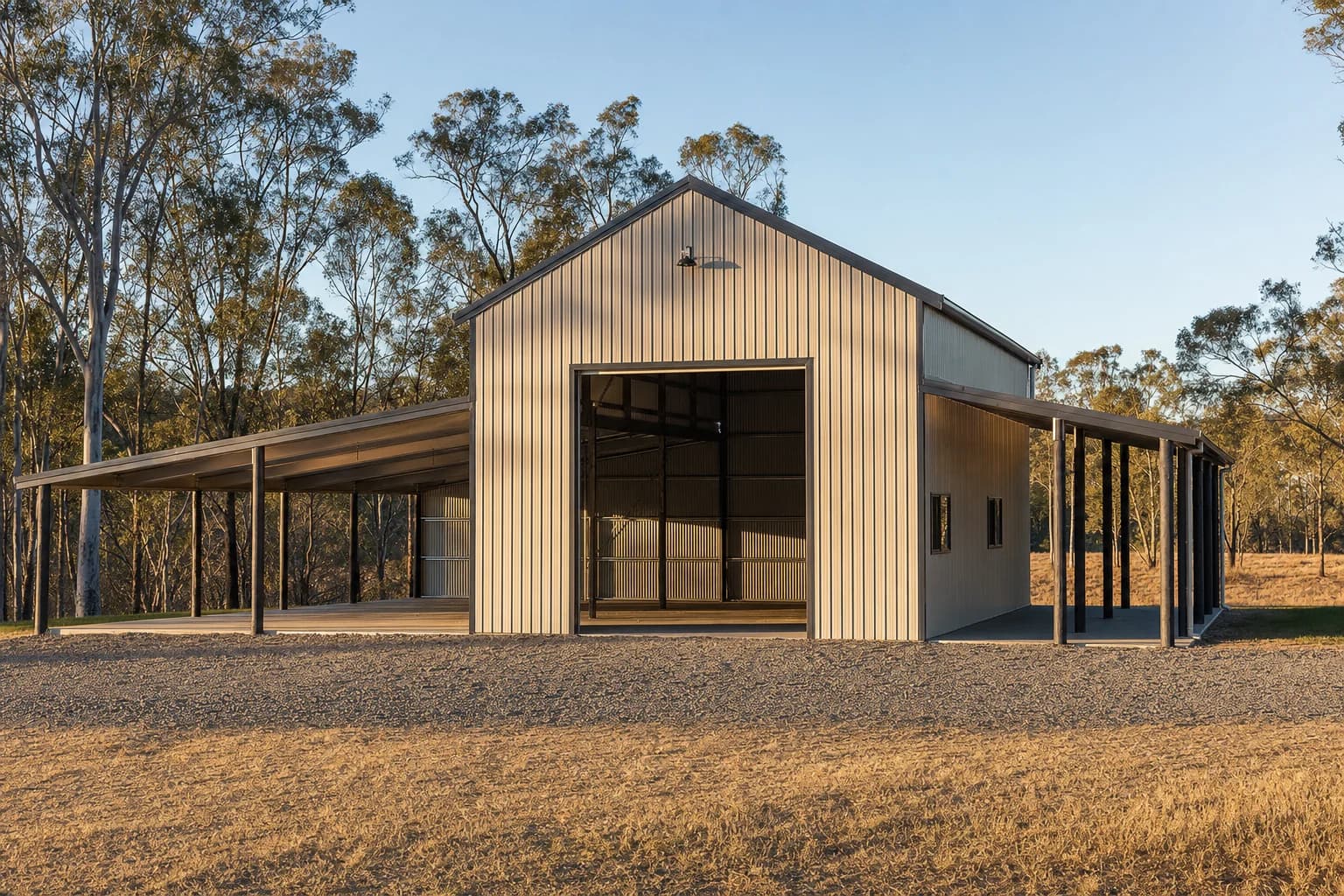 American barn style shed with lean-to awnings on Queensland acreage