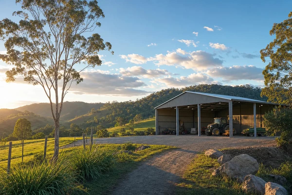 Open fronted machinery shed on an acreage property on hilly acreage