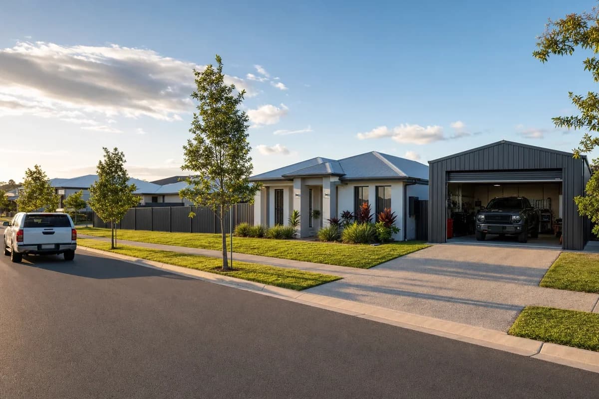 Charcoal steel garage beside a new home on a flat estate block
