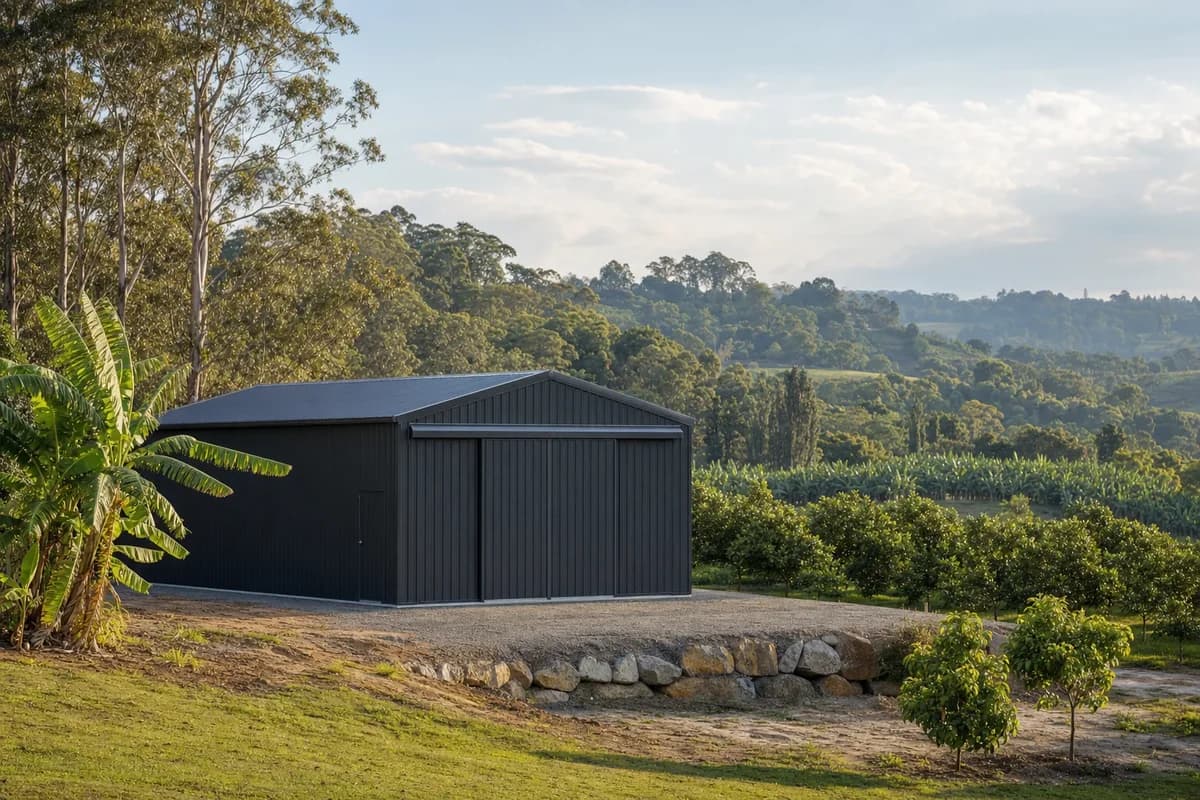 Charcoal steel shed on a cut pad on a rural property