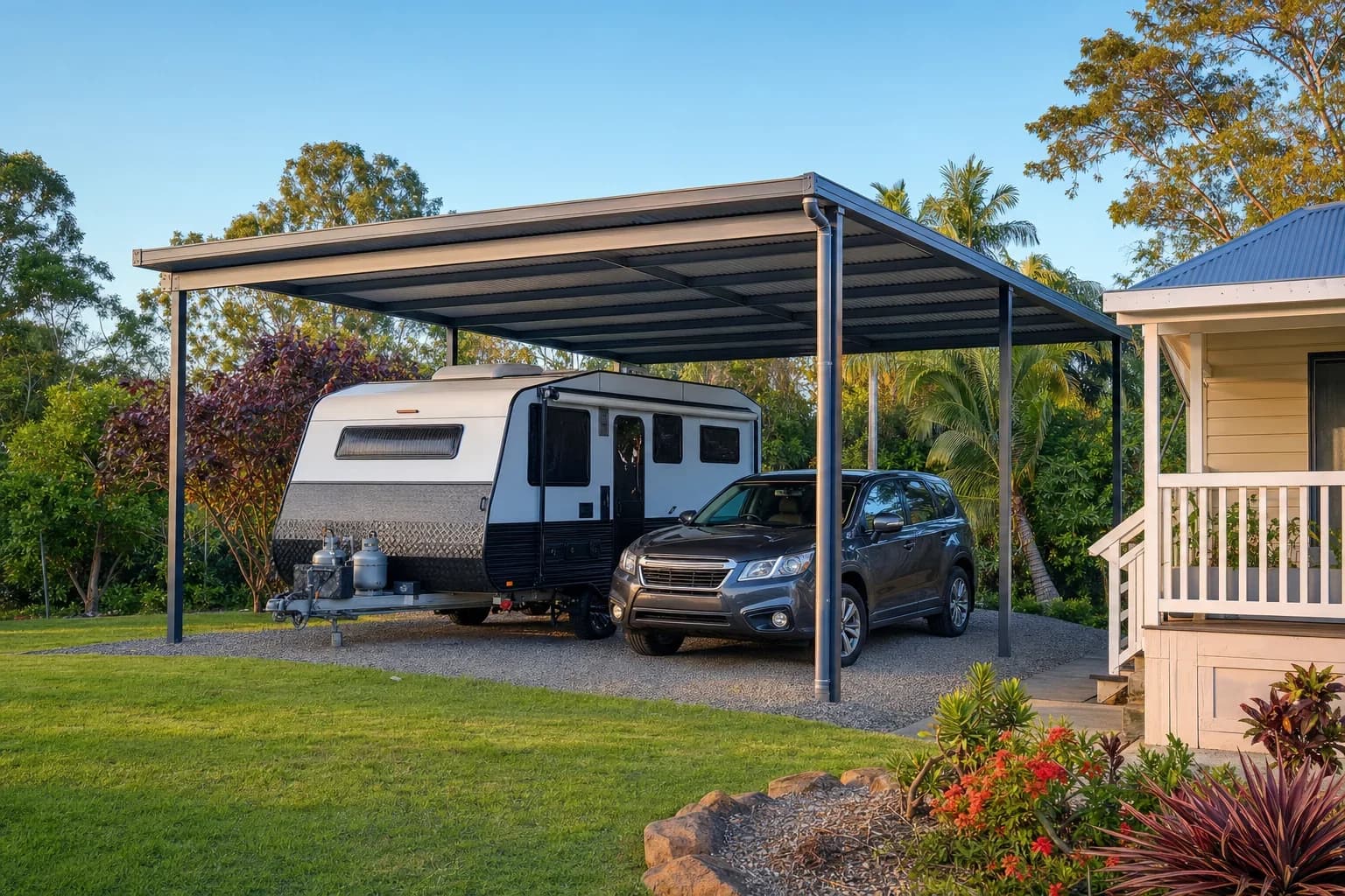 A freestanding steel carport beside a Queensland home sheltering a caravan and a car