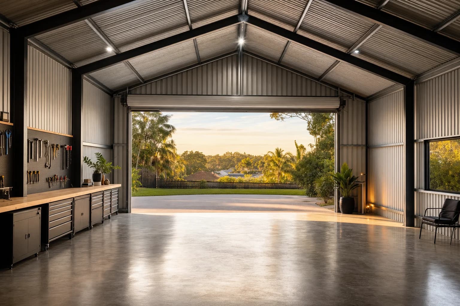 Inside a finished custom shed on a Gold Coast property, roller door open to afternoon light over a polished concrete floor