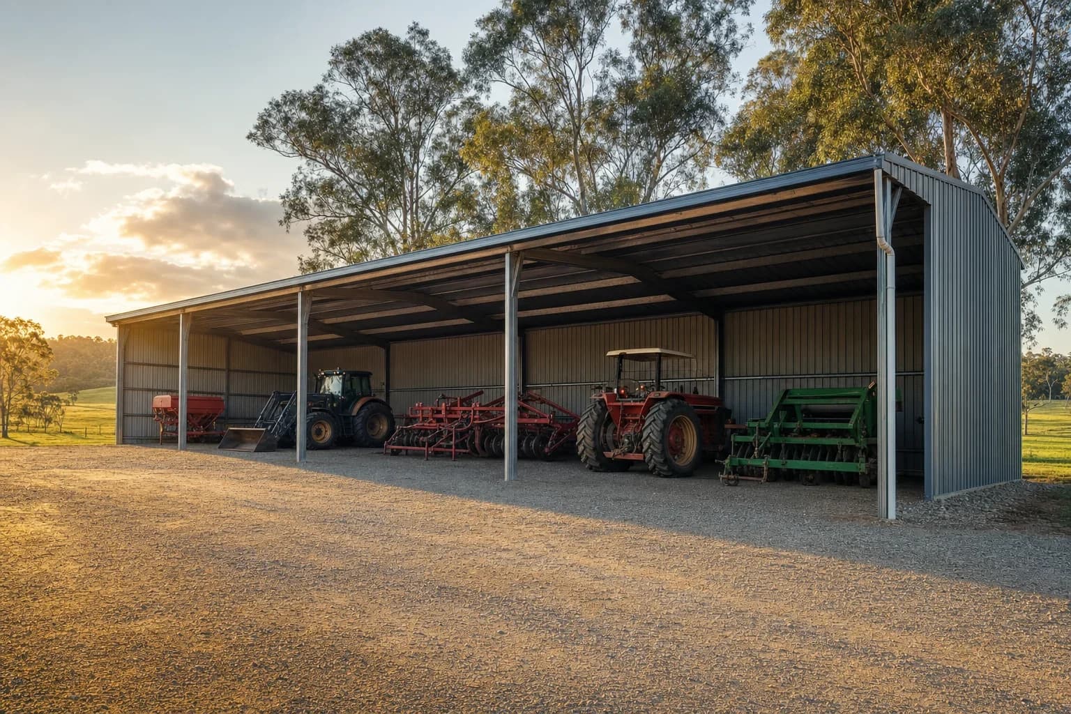 A long open fronted machinery shed on a Queensland rural property with tractors and implements parked in the bays
