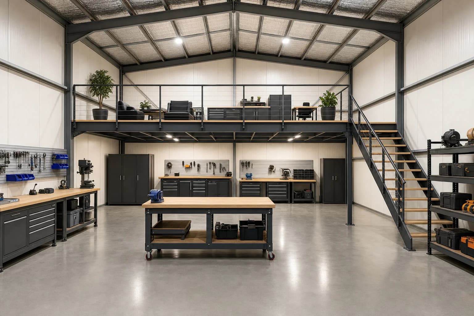 Inside a shed fitted out as a workshop, with a mezzanine floor, stair and edge protection above the benches