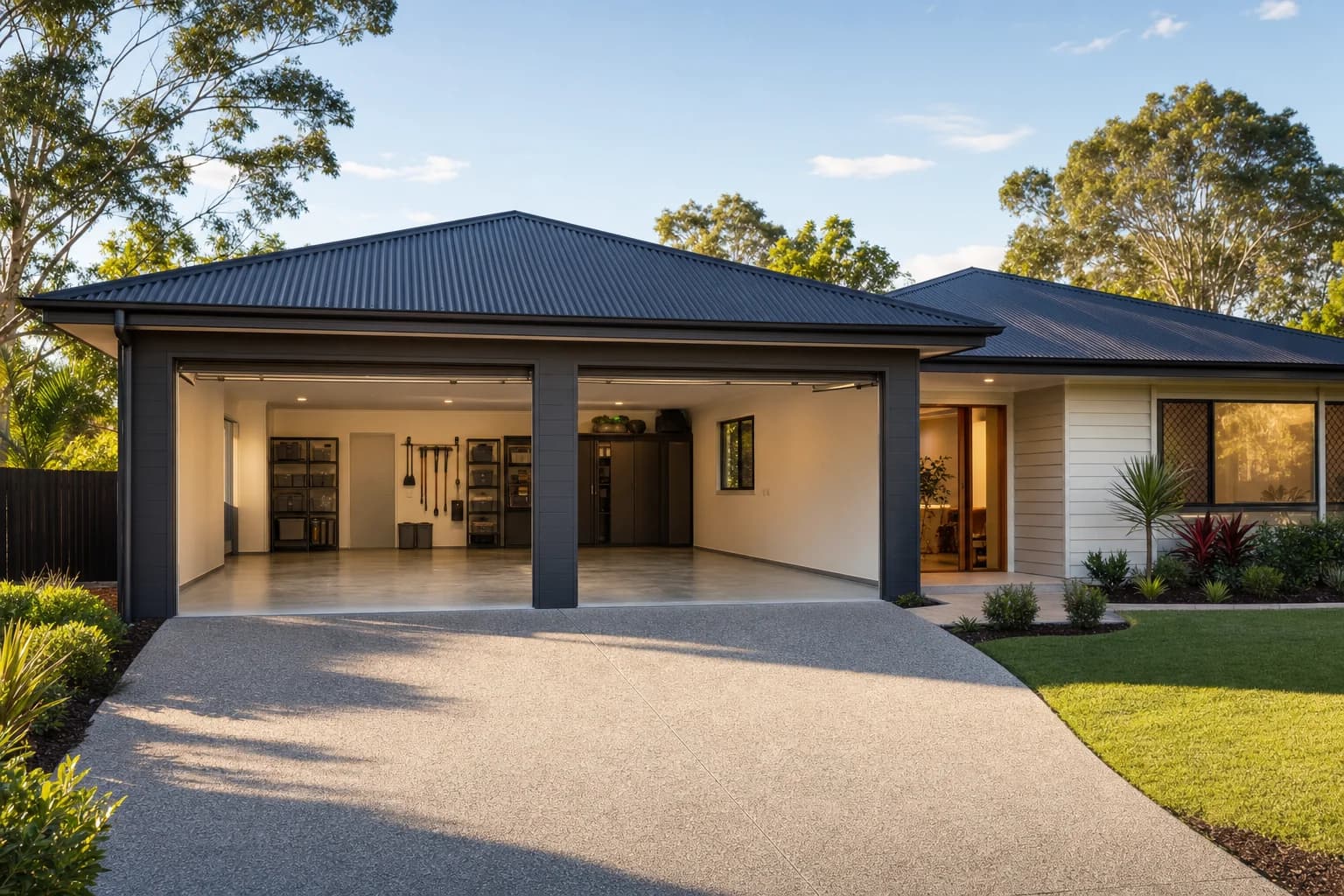 A charcoal steel double garage attached to a Queensland home with both doors open to a clean concrete floor