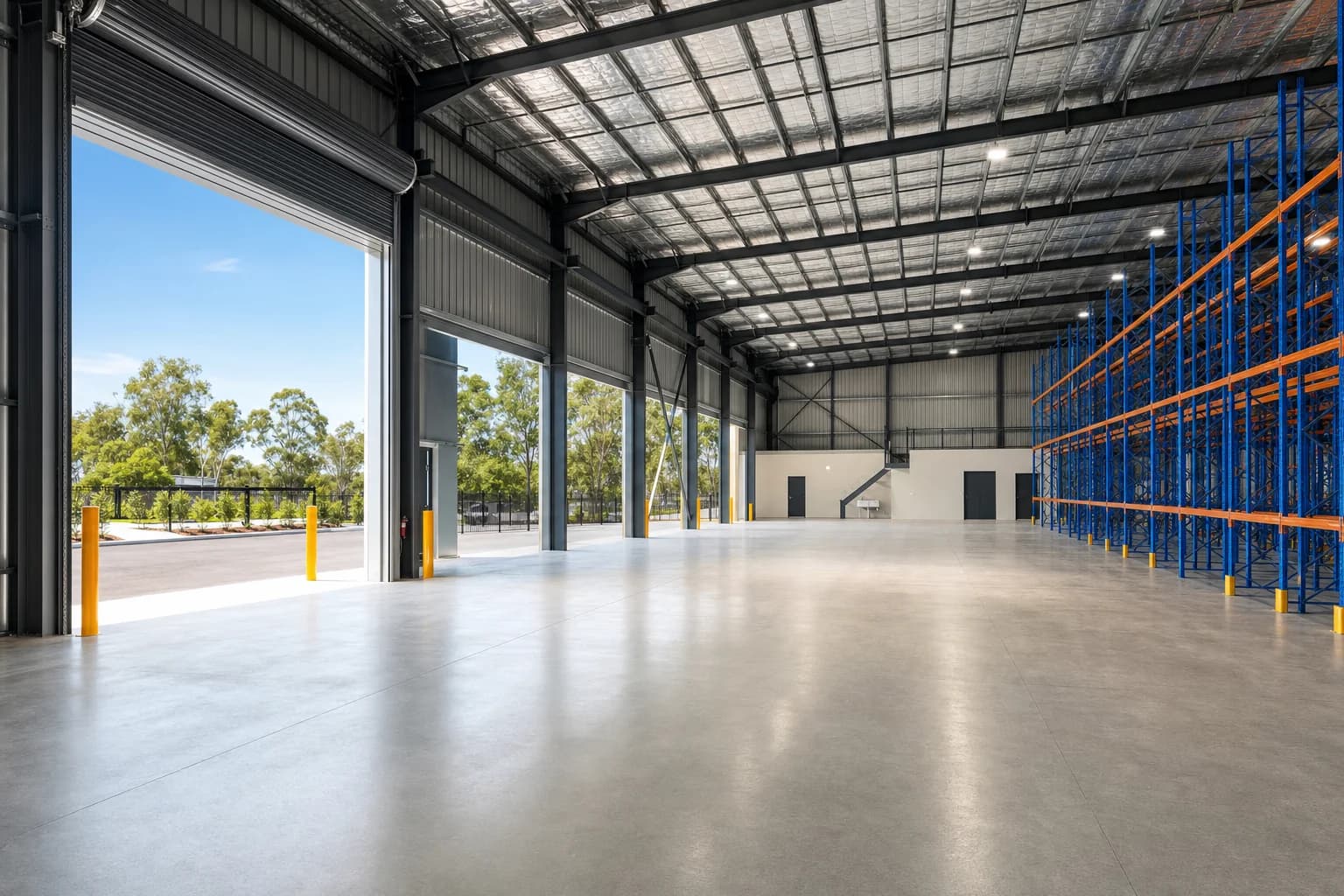 Inside a clearspan industrial shed on the Gold Coast, shutter open to daylight with racking down one side