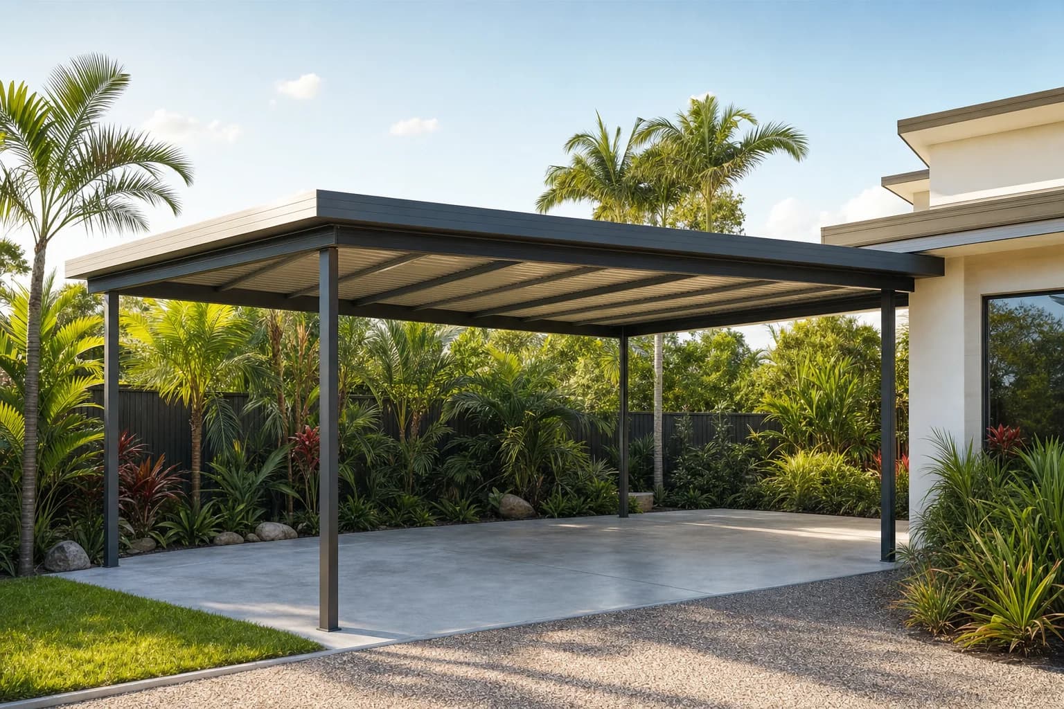 Freestanding carport with open steel posts beside a home