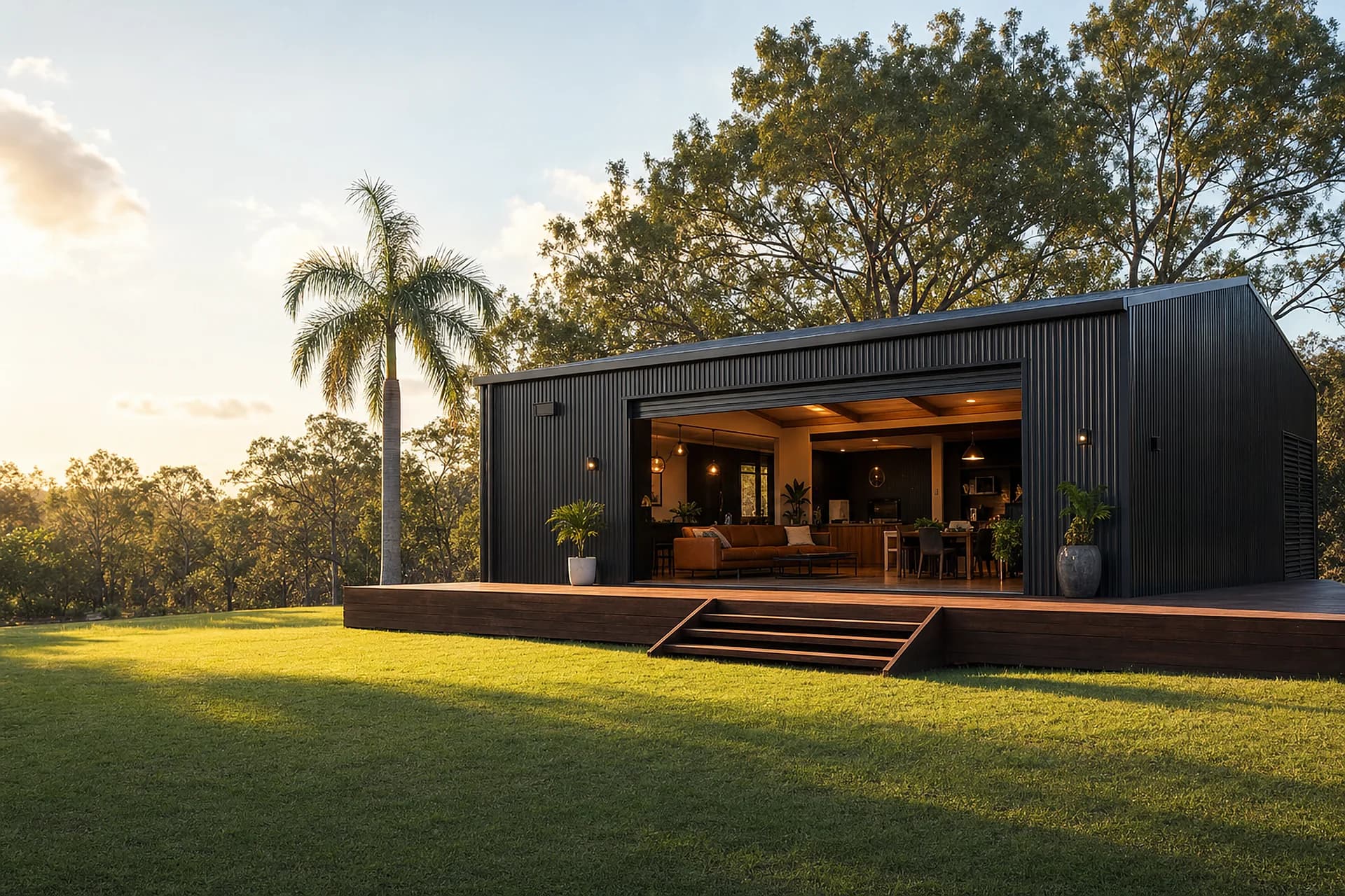Custom shed with the roller door open at sunset
