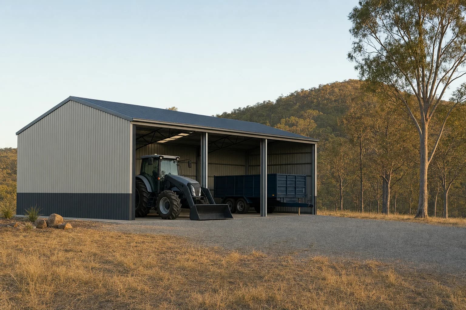 Open bay farm machinery shed on Queensland hinterland acreage