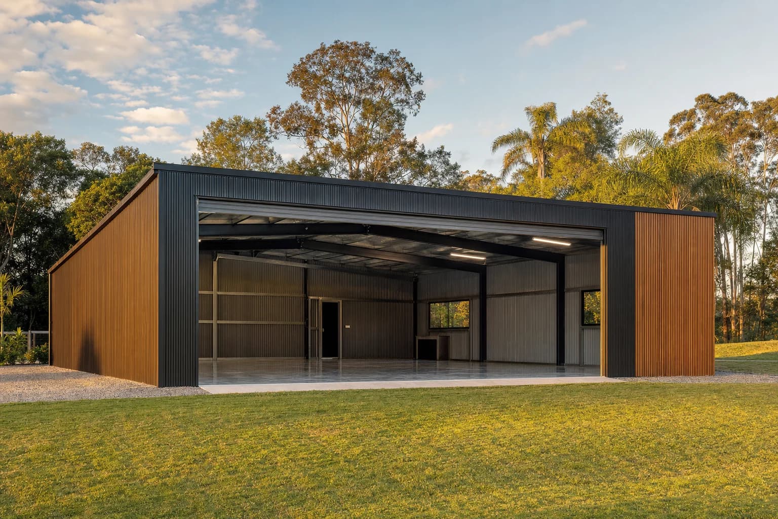 Finished custom shed on a Gold Coast block, roller door open to a polished concrete floor at golden hour