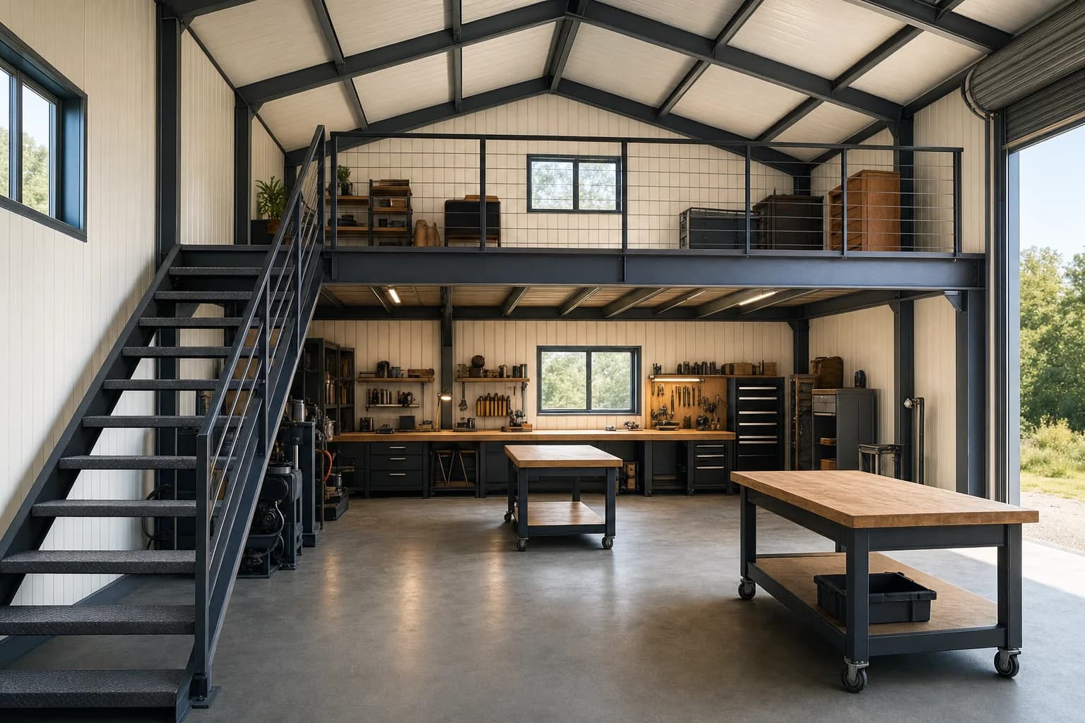 Workshop shed interior with a steel mezzanine floor and stair