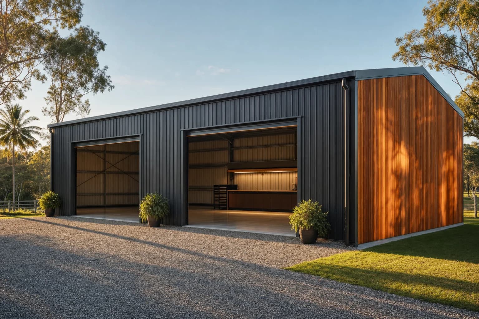 Charcoal steel shed with both roller doors open and a lit, fitted out workshop inside