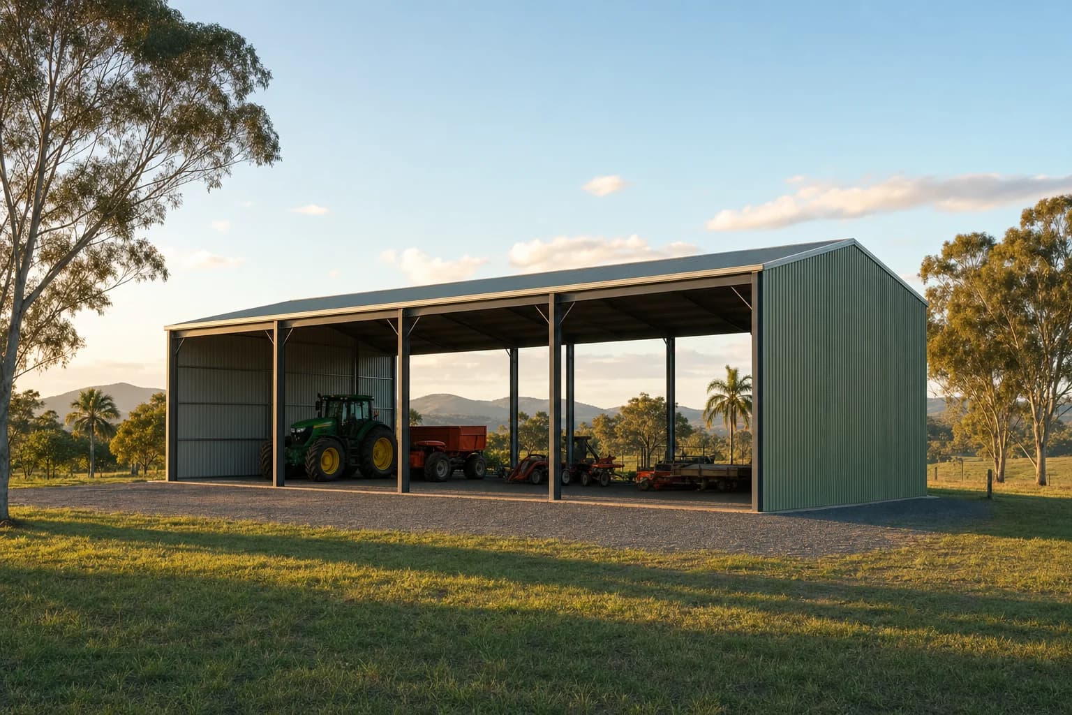 Steel farm shed on an acreage block in the Gold Coast hinterland
