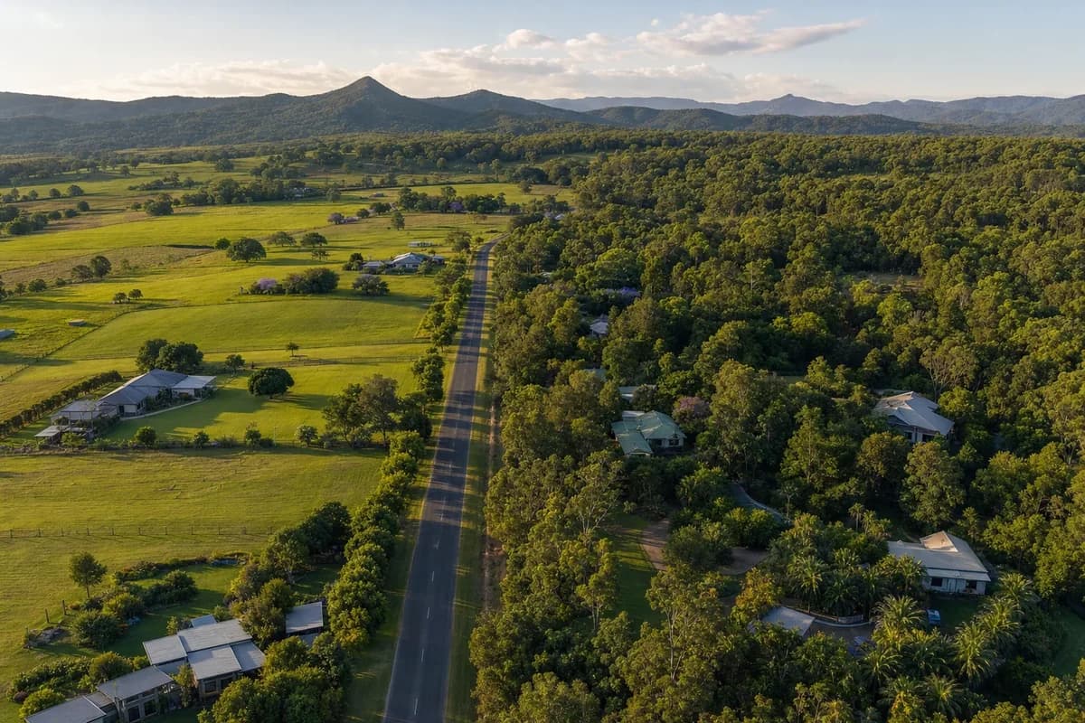 Rural blocks and a road seen from the air, with homes and sheds among the trees