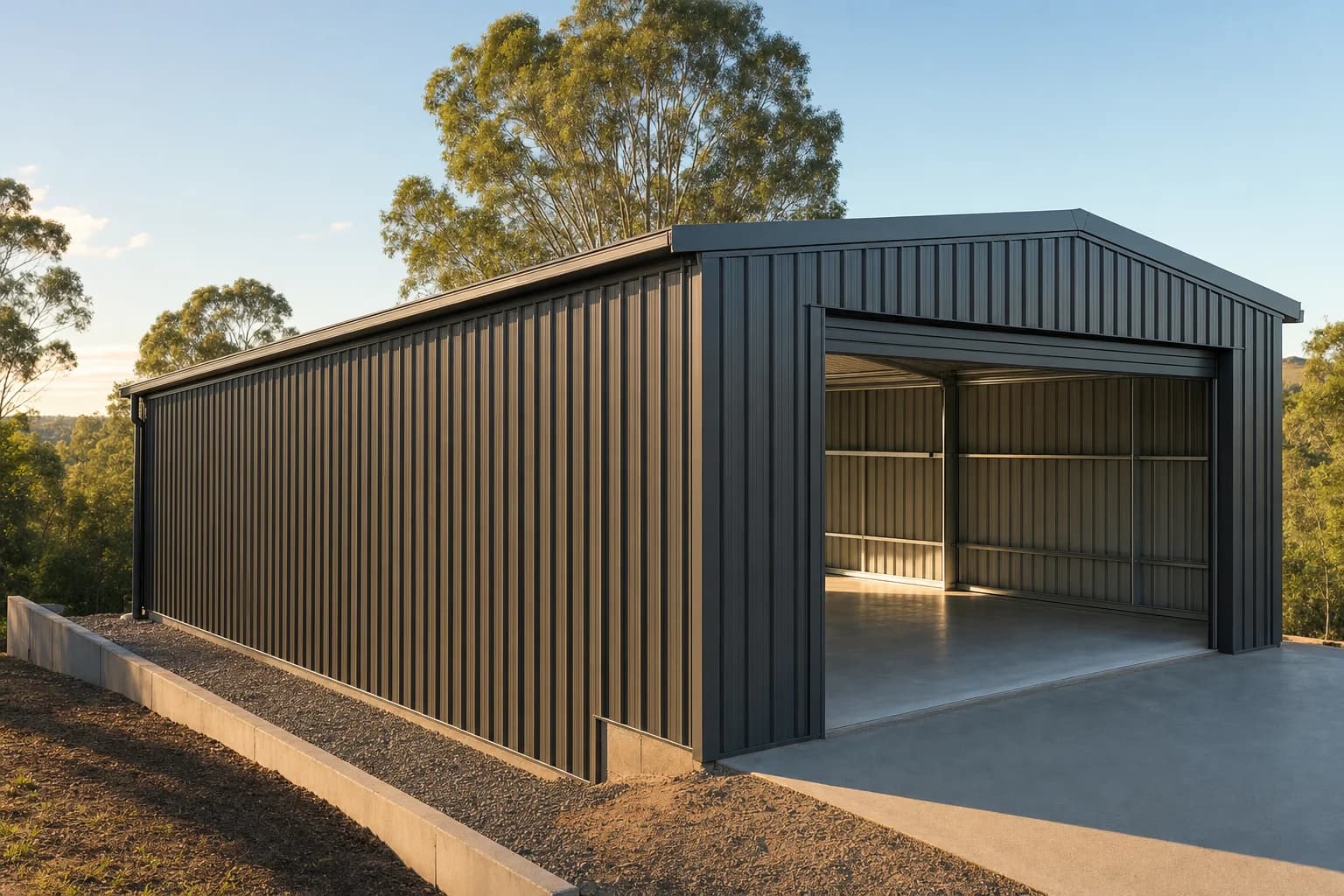 Finished charcoal steel shed with its roller door open