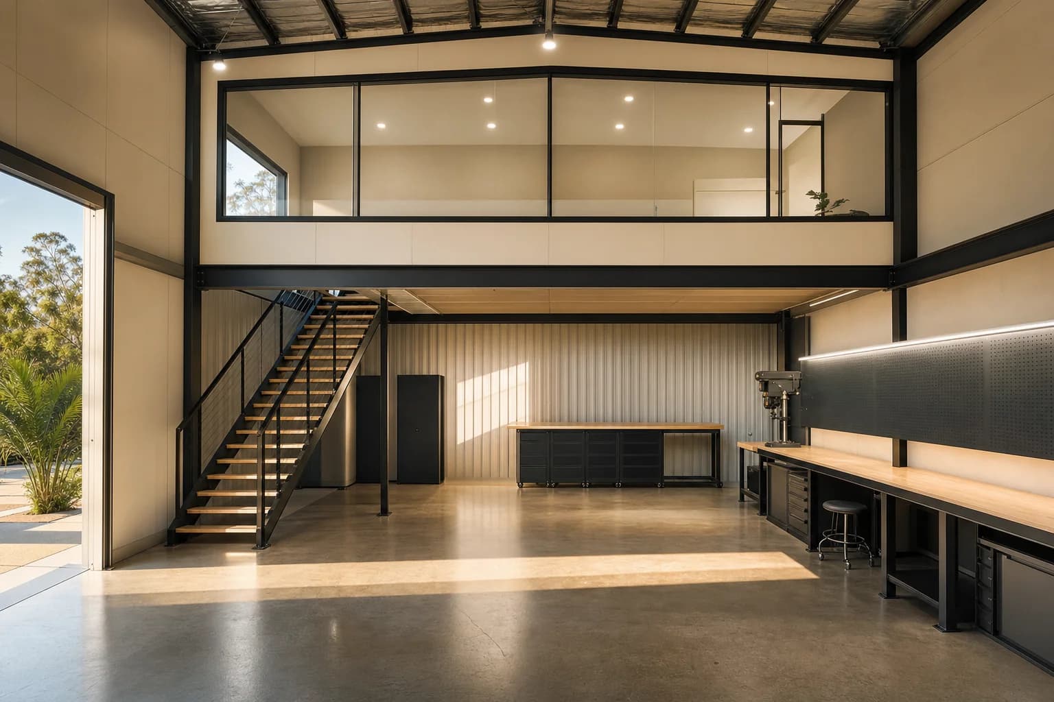 Shed fitted out as a workshop with a mezzanine office above one end and a lined interior